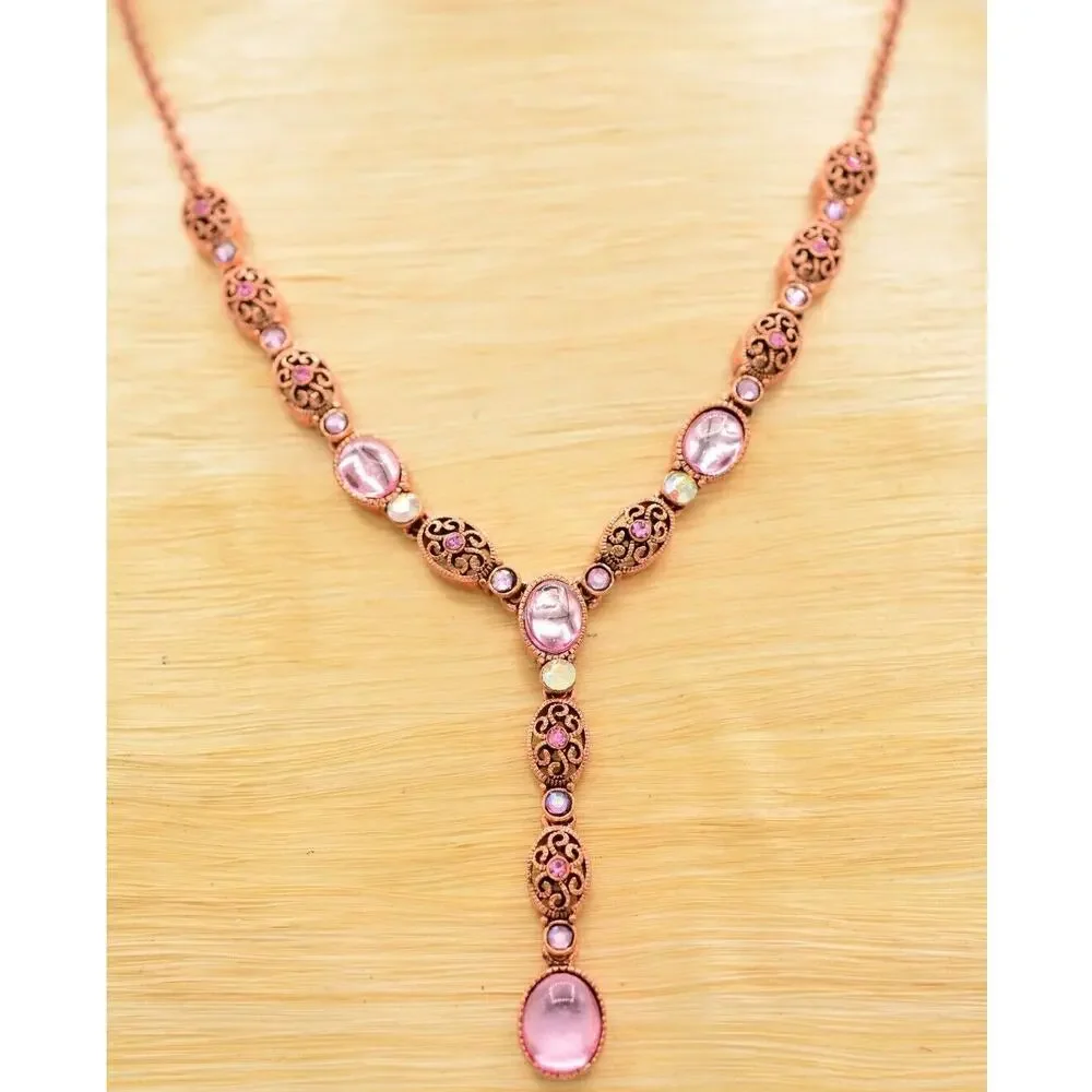 Avon Vintage Cabochon Necklace Pink Crystal Collar Rose Gold Signed 1980s Bin4A